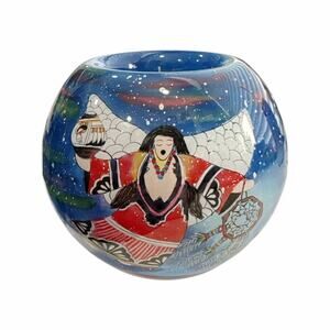 Hand Blown and Painted Glass Lawrence Vargas Native American Angel Votive Bowl